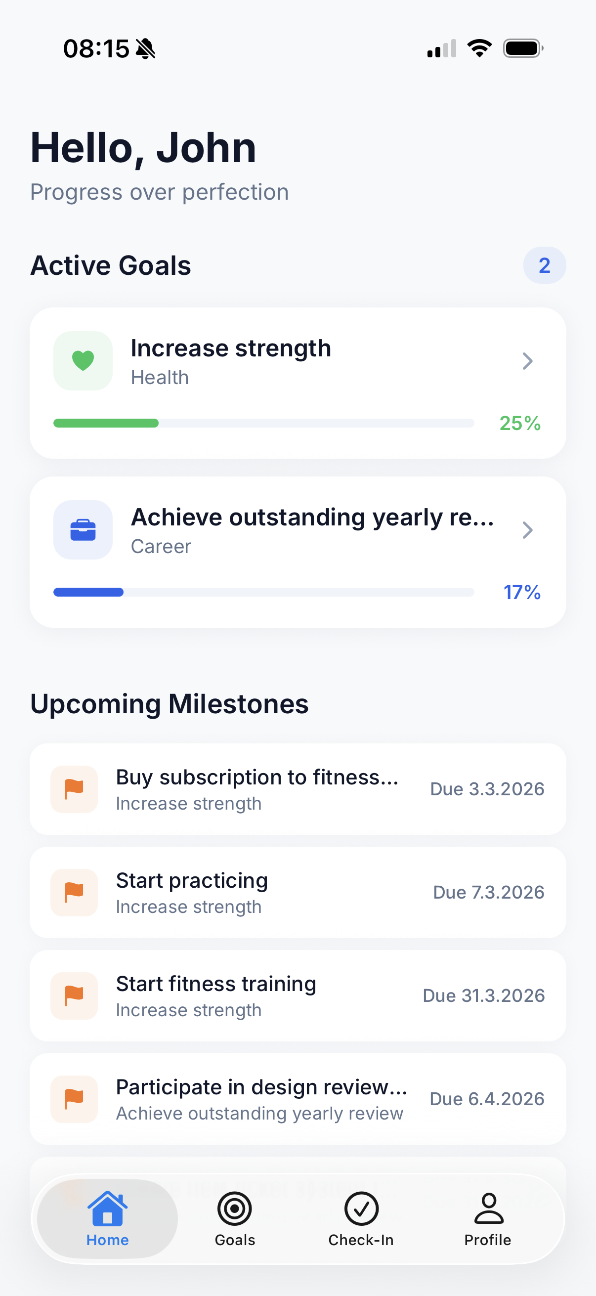 Home screen with active goals and upcoming milestones