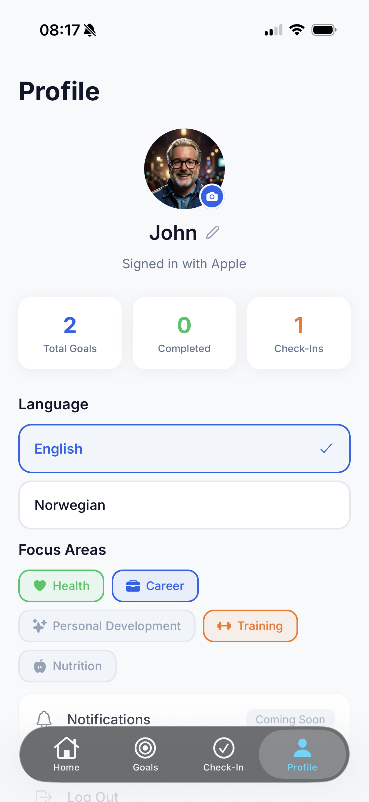 Profile screen with focus areas and settings